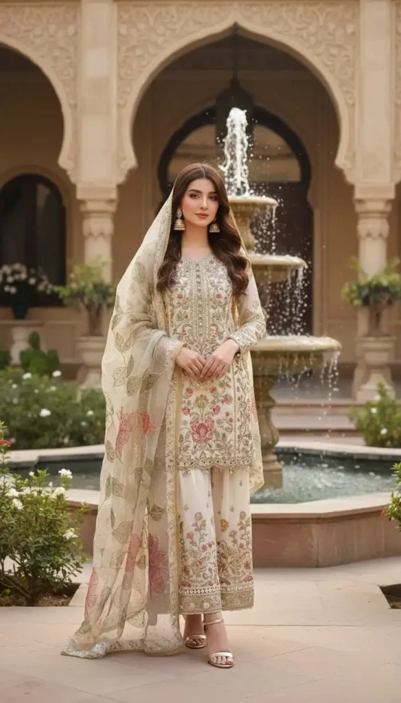 Cream sharara with colorful floral embroidery and sheer dupatta.