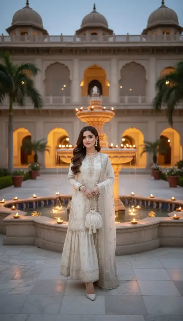 Minimalist ivory white sharara suit for Nikkah ceremony.