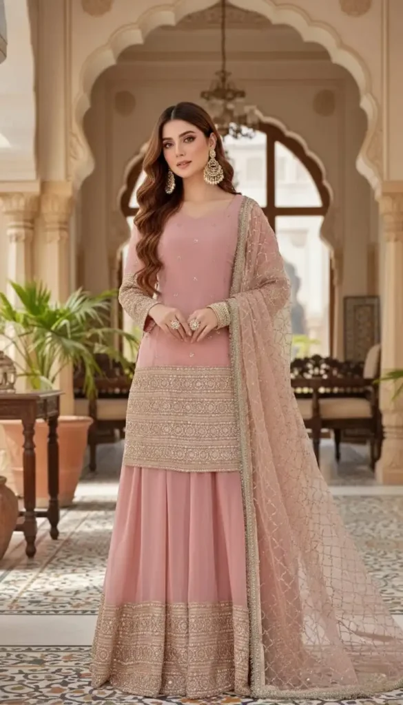 Baby pink and silver embroidered sharara suit.