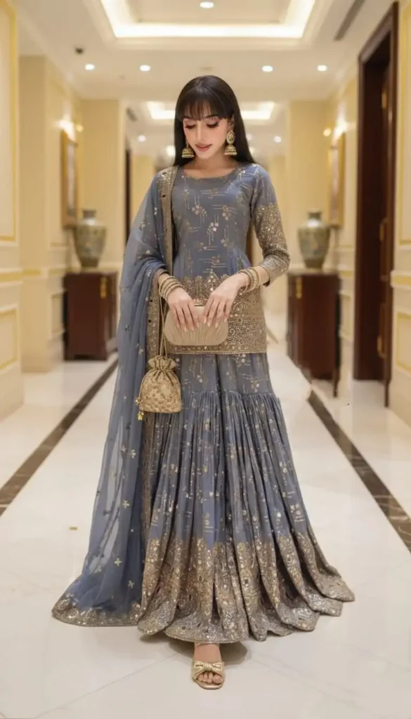 Grey and silver embellished sharara outfit for reception.