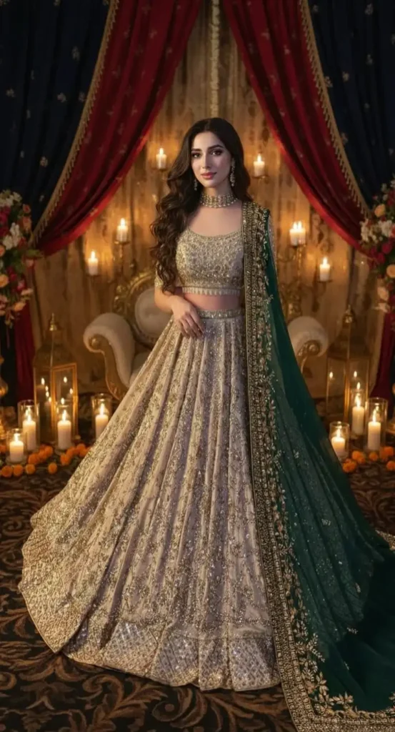 Heavy gold and emerald green lehenga for mehendi function.