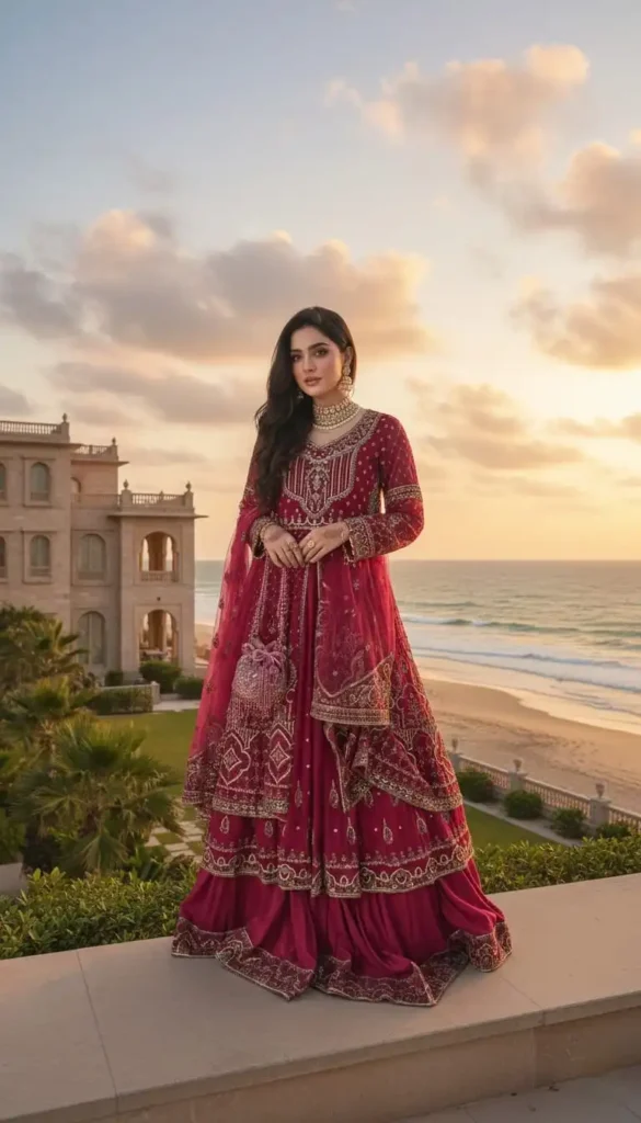 Crimson red anarkali frock flowing in the wind.