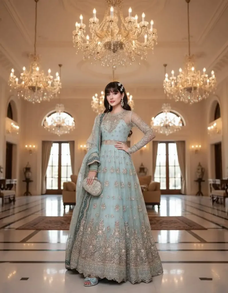Ice blue floor-length anarkali with silver embroidery for Walima.