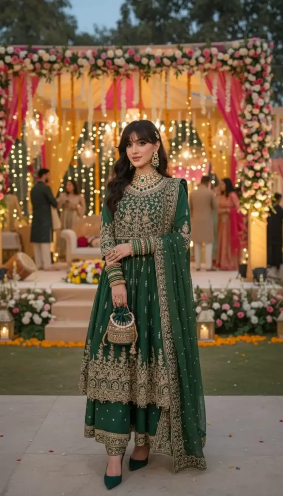Dark green emerald wedding outfit with gold details.
