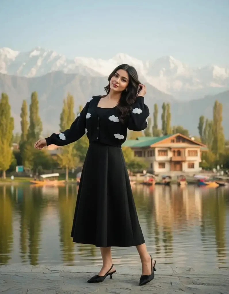 Trendy travel outfit featuring a black cardigan with white clouds and a black midi skirt.