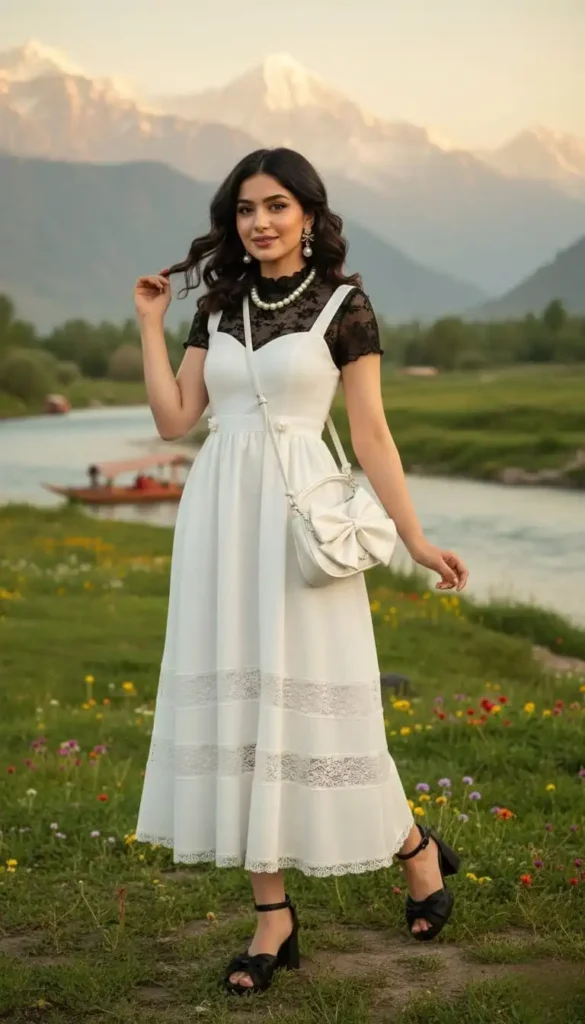 Cottagecore white pinafore dress layered over a black lace top with a bow handbag.