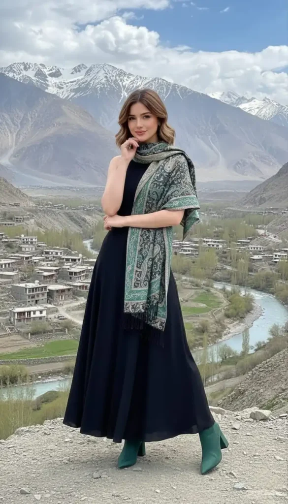 Elegant black maxi dress styled with a large green paisley shawl and matching green boots.