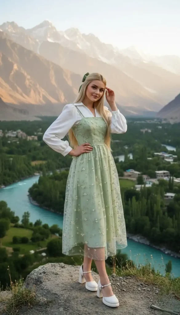 Ethereal pale green lace dress with white puff sleeves worn for a scenic mountain photo.