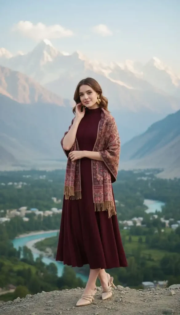 Burgundy midi dress paired with a warm red and brown paisley shawl for autumn travel.