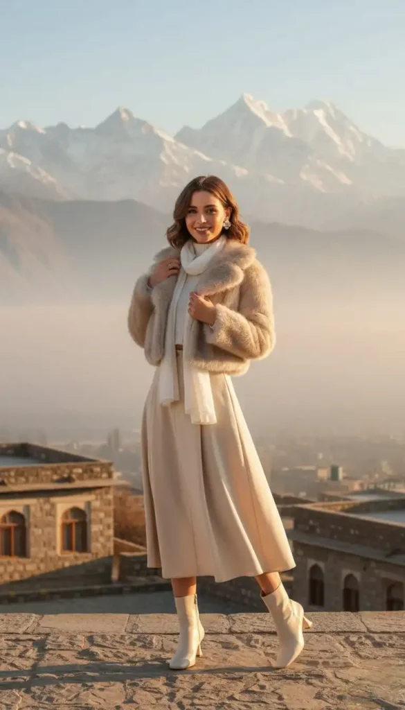 Monochrome beige winter outfit with midi skirt, white turtleneck, and faux fur jacket.