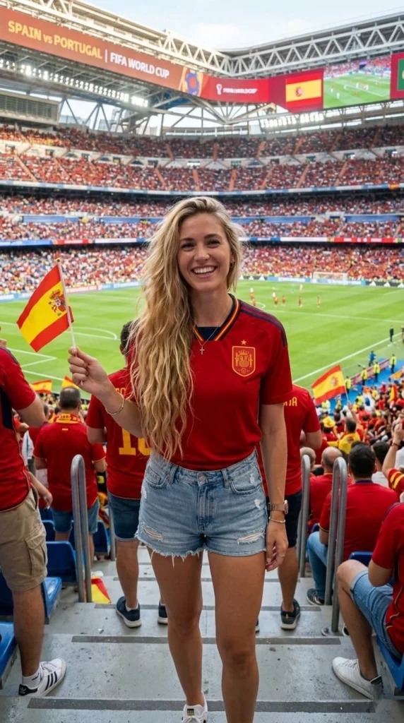pretty girl in spain football shirt in stadium
