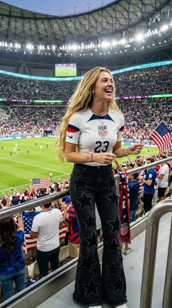 pretty girl in USA football shirt in stadium