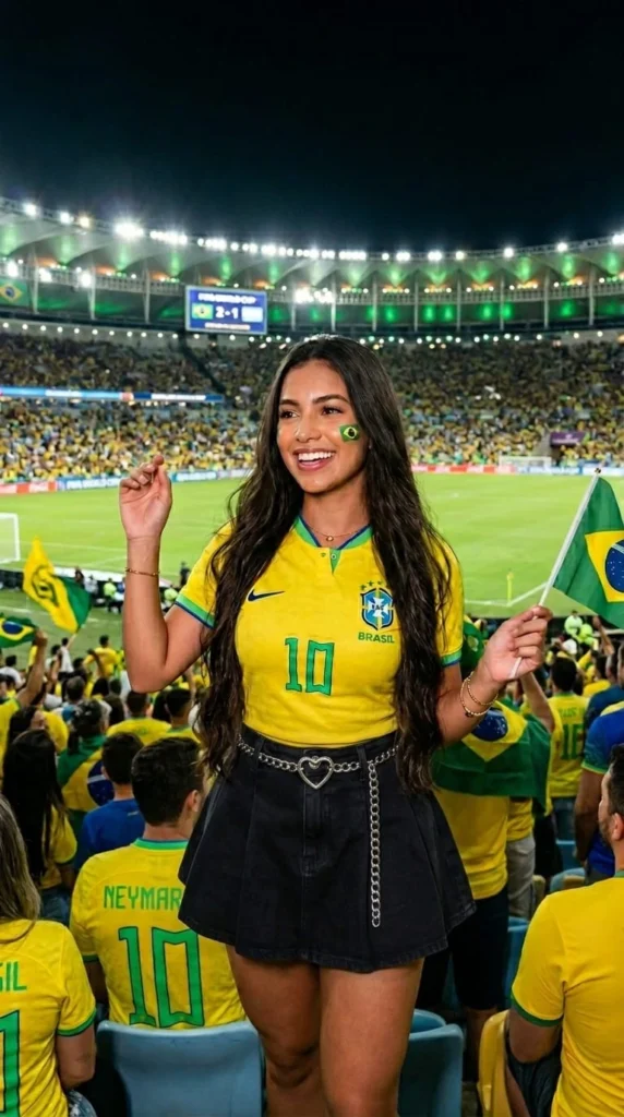 pretty girl in brazil football shirt in stadium